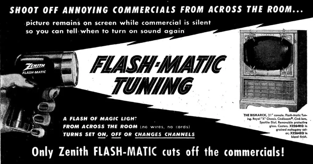Imagem de um anúncio de revista para o primeiro controle remoto sem fio da Zenith, o Flash-matic.